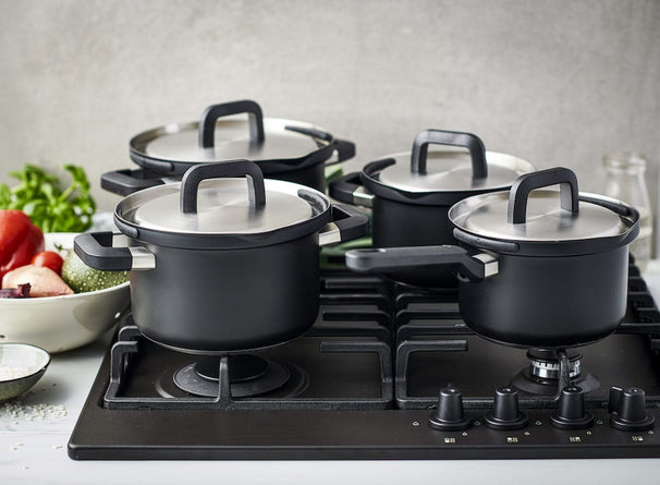 Set de ollas BK Flow Cool Negro 4 piezas - Acero inoxidable - Olla de cocina ø 16, 18, 20 cm y cazo ø 16 cm