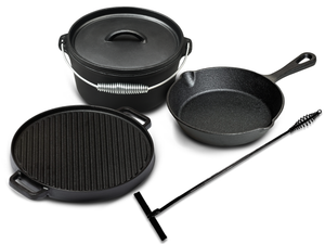 Set de horno holandés para barbacoa Blackwell de hierro fundido 4 piezas - Olla de asar + elevador, sartén ø 20 cm y plancha de parrilla ø 30 cm - apto para todas las fuentes de calor - sin recubrimiento antiadherente