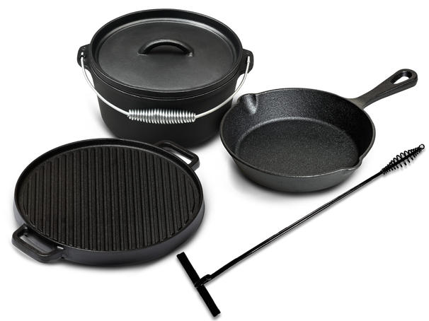 Set de horno holandés para barbacoa Blackwell de hierro fundido 4 piezas - Olla de asar + elevador, sartén ø 20 cm y plancha de parrilla ø 30 cm - apto para todas las fuentes de calor - sin recubrimiento antiadherente