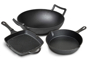 Set de ollas Blackwell de hierro fundido 3 piezas Sartén parrilla 23 x 23 cm, sartén ø 25 cm y wok ø 32 cm - apto para todas las fuentes de calor - sin recubrimiento antiadherente