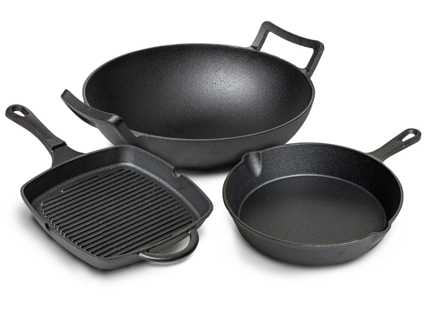 Set de ollas Blackwell de hierro fundido 3 piezas Sartén parrilla 23 x 23 cm, sartén ø 25 cm y wok ø 32 cm - apto para todas las fuentes de calor - sin recubrimiento antiadherente