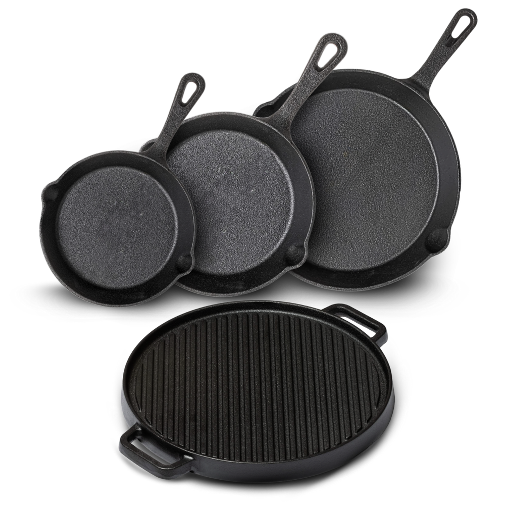 Set de ollas Blackwell de hierro fundido 4 piezas Sartén 16, 20 y 25 cm y plancha de parrilla ø 30 cm - apto para todas las fuentes de calor - sin recubrimiento antiadherente