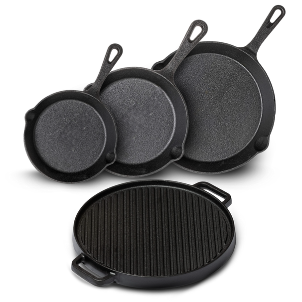 Set de ollas Blackwell de hierro fundido 4 piezas Sartén 16, 20 y 25 cm y plancha de parrilla ø 30 cm - apto para todas las fuentes de calor - sin recubrimiento antiadherente