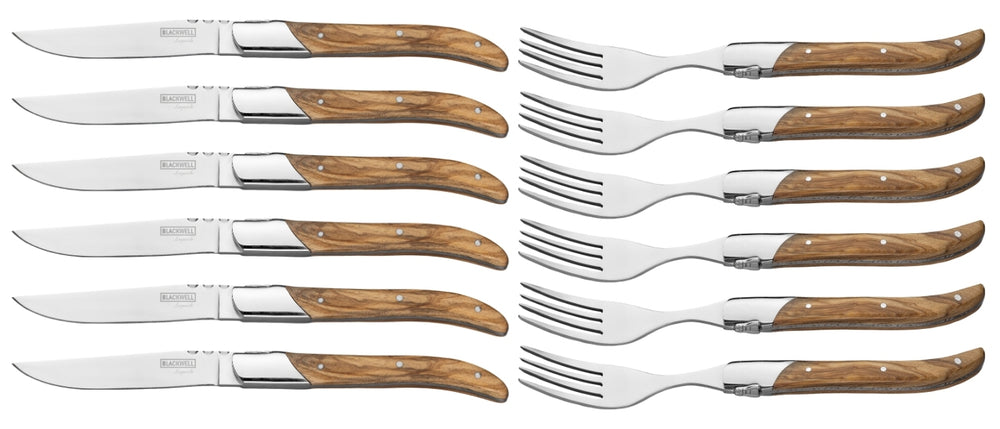 Cubiertos para steak Blackwell Laguiole - Cuchillos y tenedores para steak - Madera de olivo - 12 unidades