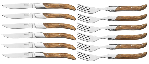 Cubiertos para steak Blackwell Laguiole - Cuchillos y tenedores para steak - Madera de olivo - 12 unidades