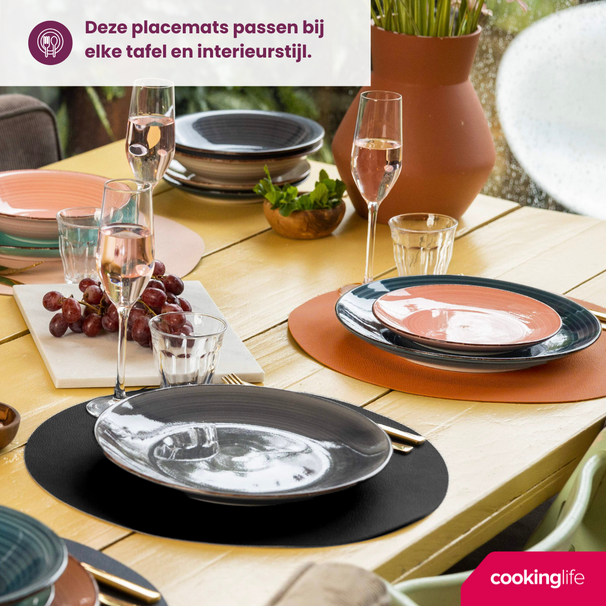 Cookinglife 6 Manteles Individuales + 6 Posavasos - Reversibles - Redondos - Cuero Vegano - Negro / Cognac