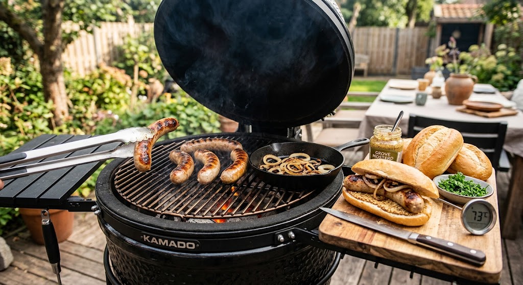 Jugosa salchicha Thüringer con un auténtico sabor ahumado de la kamado