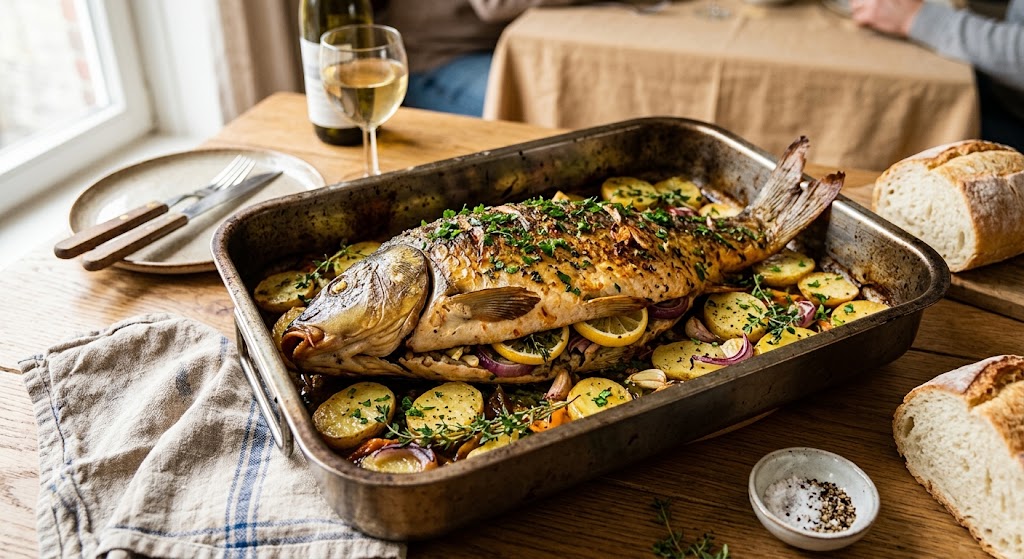 Un clásico plato de pescado con un sabroso relleno de hierbas y limón