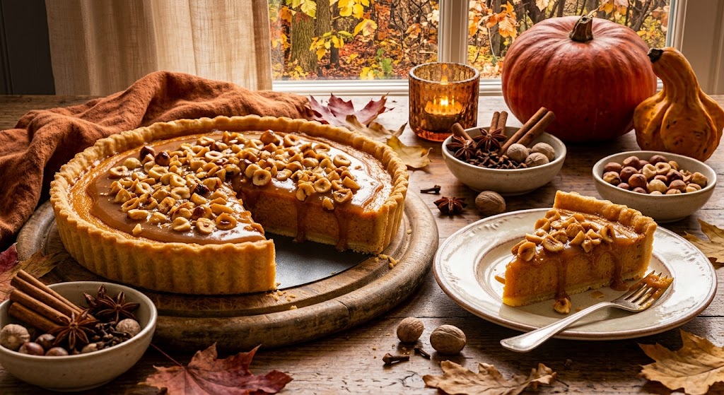 Una rica tarta otoñal con calabaza asada, caramelo y avellanas crujientes