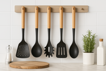 Set de utensilios de cocina Cookinglife - Set de cocina - madera negra 5 piezas - Espumadera, cucharón, cuchara para espaguetis, espátula y cuchara para servir