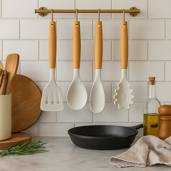 Set de utensilios de cocina Cookinglife - Set de cocina - madera beige 4 piezas - Espátula, cuchara para servir, cuchara para ensalada y cuchara para espaguetis