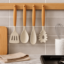 Set de utensilios de cocina Cookinglife - Set de cocina - madera beige 4 piezas - Espátula, cuchara para servir, cuchara para ensalada y cuchara para espaguetis