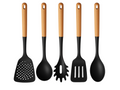 Set de utensilios de cocina Cookinglife - Set de cocina - madera negra 5 piezas - Espumadera, cucharón, cuchara para espaguetis, espátula y cuchara para servir