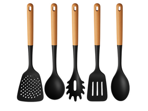 Set de utensilios de cocina Cookinglife - Set de cocina - madera negra 5 piezas - Espumadera, cucharón, cuchara para espaguetis, espátula y cuchara para servir