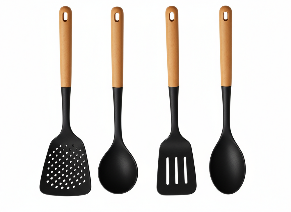 Set de utensilios de cocina Cookinglife - set de cocina - madera negra 4 piezas - espumadera, cucharón para sopa, espátula y cucharón para servir