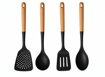 Set de utensilios de cocina Cookinglife - set de cocina - madera negra 4 piezas - espumadera, cucharón para sopa, espátula y cucharón para servir