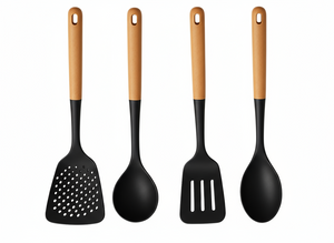 Set de utensilios de cocina Cookinglife - set de cocina - madera negra 4 piezas - espumadera, cucharón para sopa, espátula y cucharón para servir