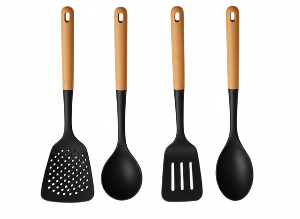 Set de utensilios de cocina Cookinglife - set de cocina - madera negra 4 piezas - espumadera, cucharón para sopa, espátula y cucharón para servir