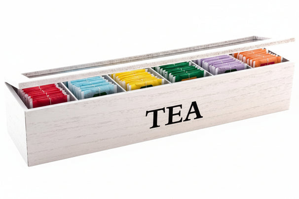 Caja para té Cookinglife - caja de té - madera blanca - 6 compartimentos - con tapa de cristal - 43 x 9 x 9 cm