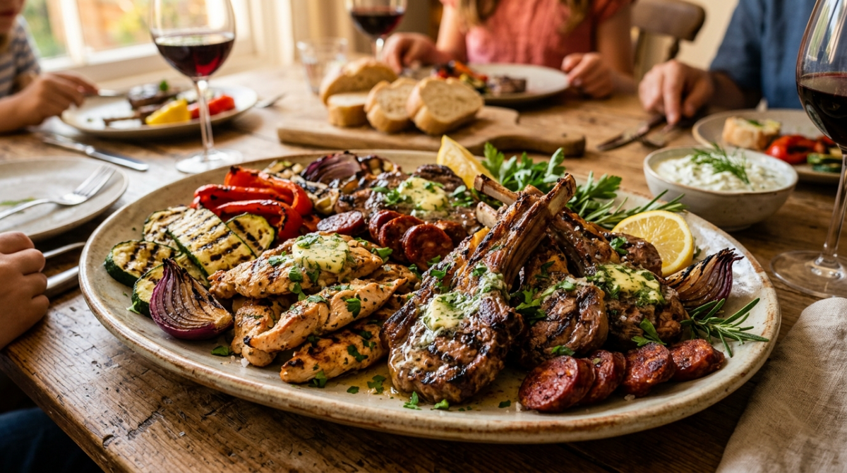 Jugosos trozos de carne, verduras a la parrilla y una mantequilla de ajo y hierbas que lo unifica todo.