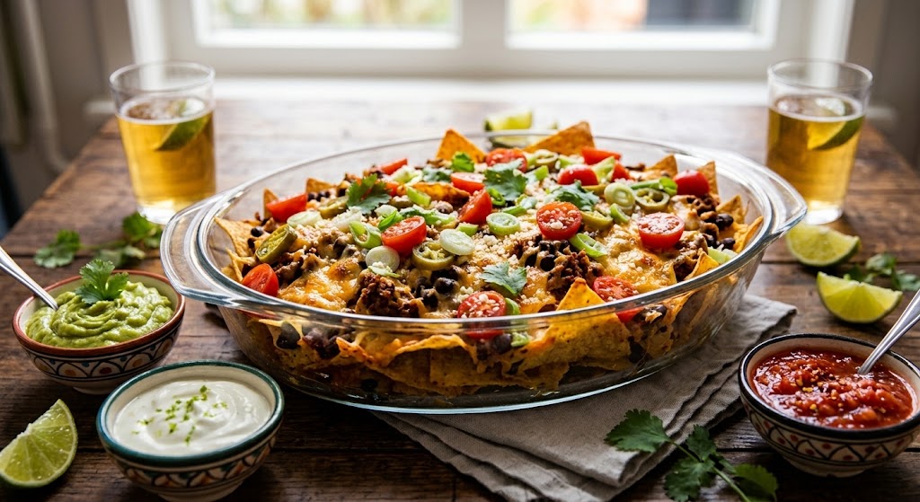 Nachos crujientes, queso fundido y todos los toppings que desees.