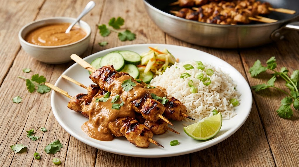 Saté de pollo aromático con salsa de cacahuete casera, directamente de la sartén