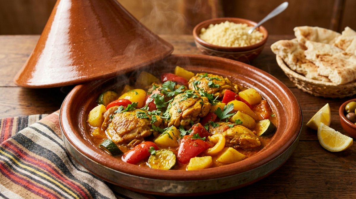 Estofado sabroso con verduras tiernas y pollo especiado
