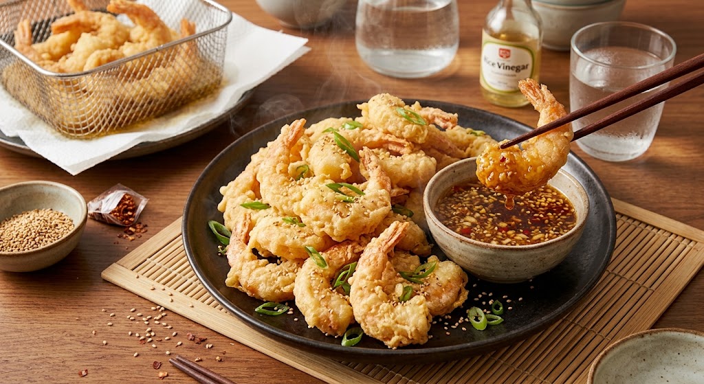 Rebozado ligero, gambas crujientes, listas para comer en la mesa.