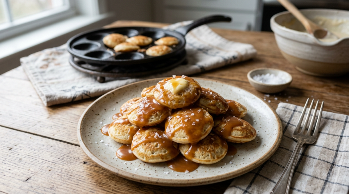 Poffertjes esponjosos con una rica salsa de caramelo salado casera