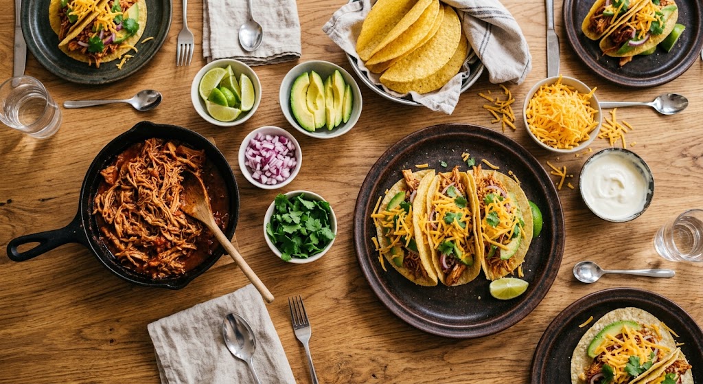 Jugoso pulled chicken, coberturas crujientes y tortillas caseras para una verdadera noche de fiesta.