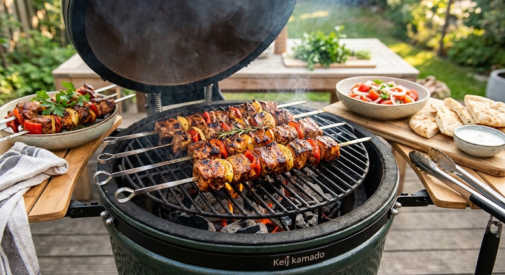 Jugosos pinchos de carne con pimiento y cebolla, directo de la parrilla