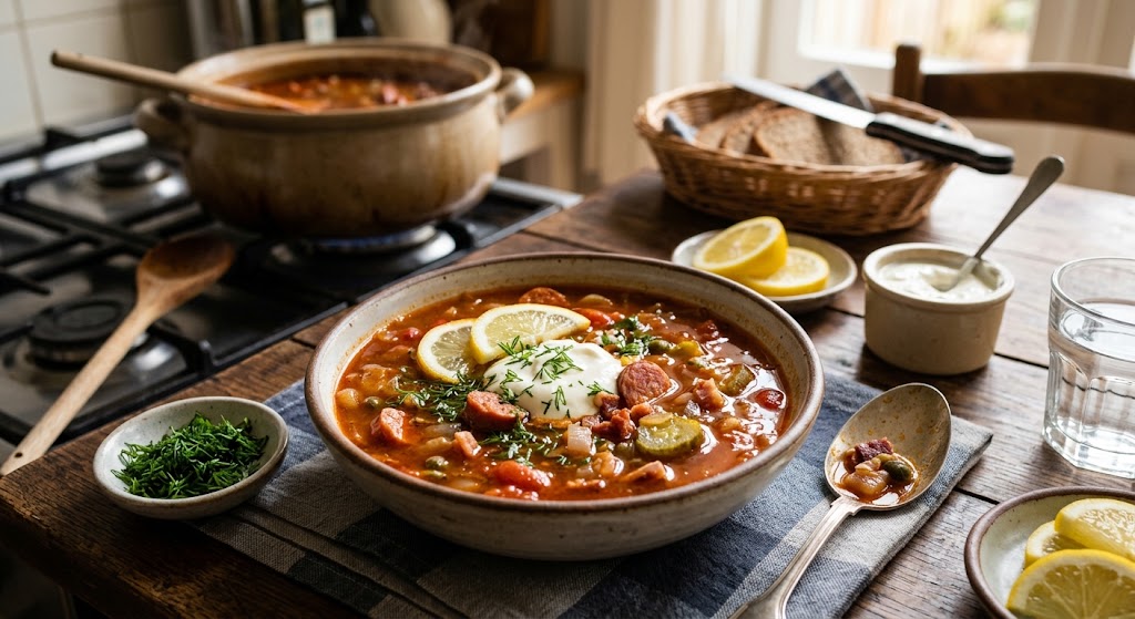 Una sopa rica y ácida llena de salchicha ahumada y pepinillos