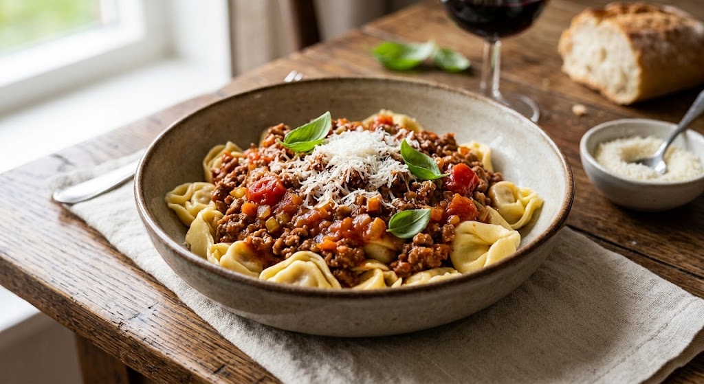 La clásica bolognesa, pero con tortellini rellenos para un toque extra.