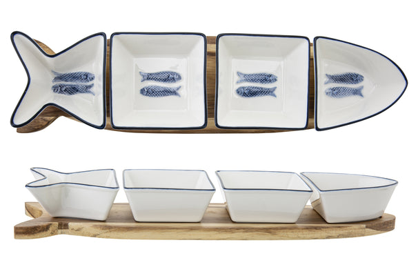 Cosy & Trendy Tabla de aperitivos con cuencos Branzino 5 piezas - Blanco & Azul - 37 x 9,5 cm