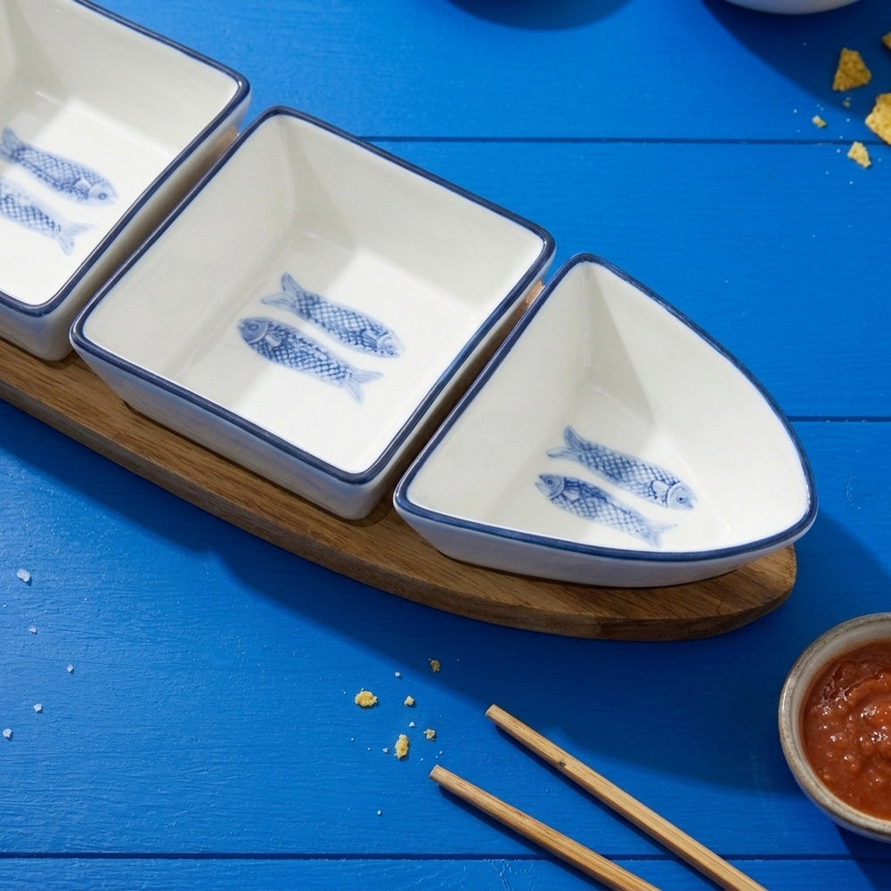 Cosy & Trendy Tabla de aperitivos con cuencos Branzino 5 piezas - Blanco & Azul - 37 x 9,5 cm