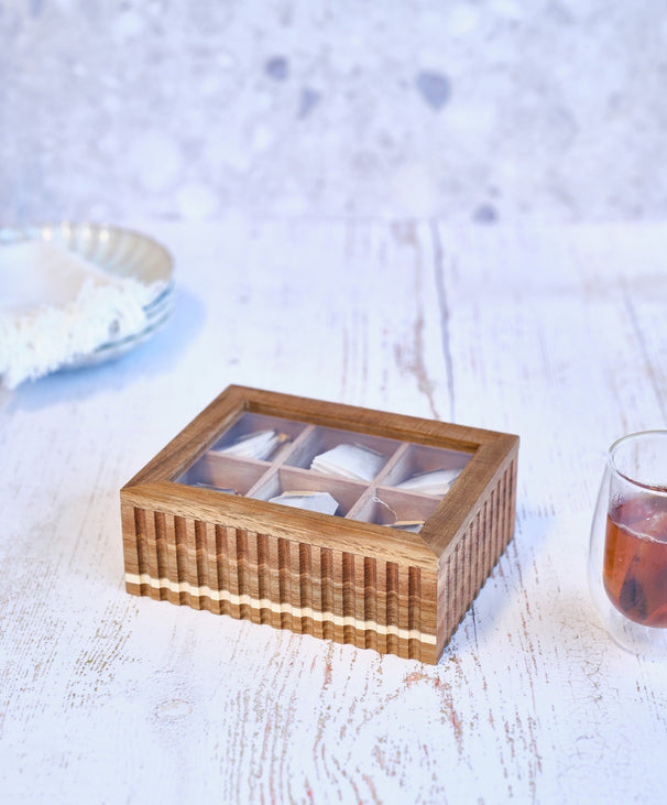 Cosy & Trendy Caja de Té - Madera de Acacia - 6 compartimentos - con Ventana - 21 x 17 x 7.5 cm