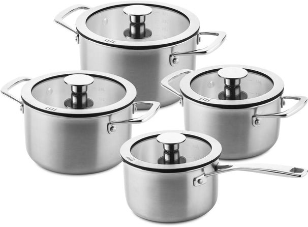 Set de ollas DUCQ 4 piezas - Compatible con extracción por campana - Olla de ø 16, 18, 20 cm & Cazo ø 16 cm + Tapas