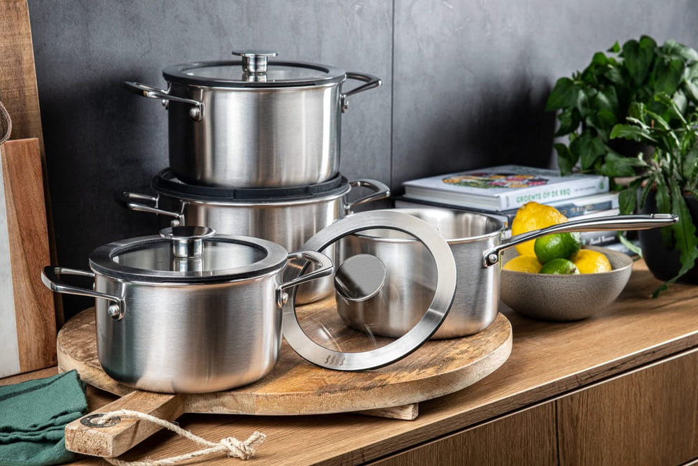 Set de ollas DUCQ 6 piezas - Compatible con extracción por campana - Olla de ø 16, 18, 20, 24 cm & Cazo ø 16 cm & Sartén para asar ø 26 cm + Tapas