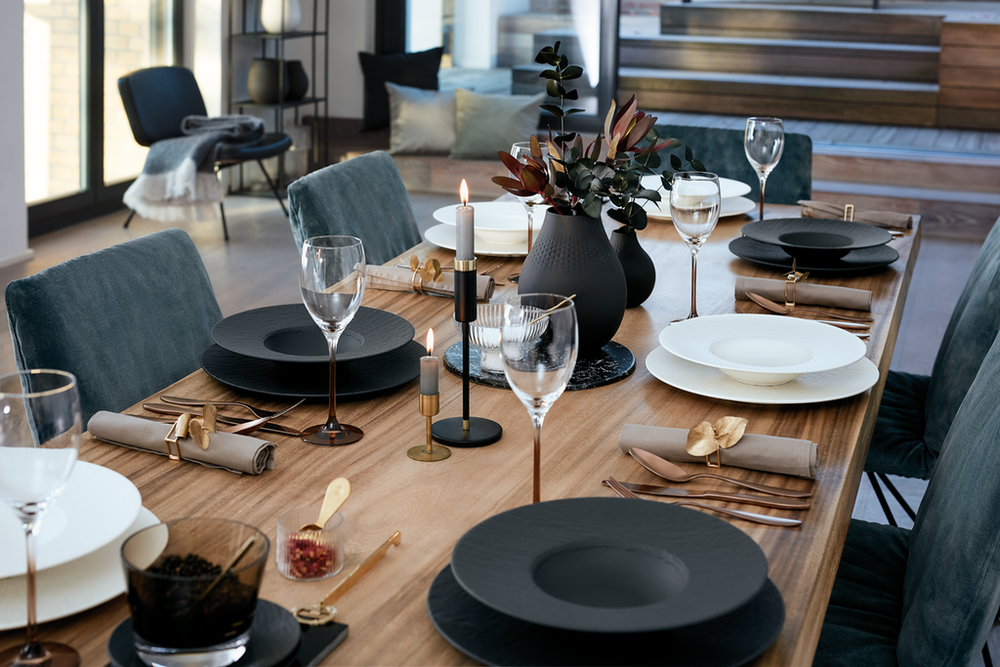 Villeroy & Boch Juego de Vajilla Manufacture Rock - Negro 12 piezas / 4 personas - 4 platos de cena, 4 platos de desayuno y 4 platos para pasta