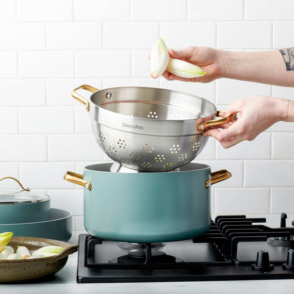GreenPan Olla con colador Padova Reserve Smokey Blue ø 24 cm / 5,7 litros - revestimiento antiadherente cerámico