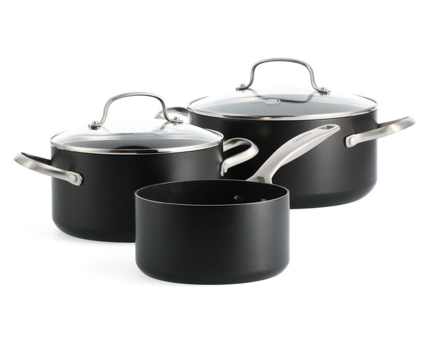 GreenPan Batería de cocina Copenhagen Negra 3 piezas - Cazo ø 16 cm, Ollas ø 18 & 20 cm - revestimiento antiadherente cerámico