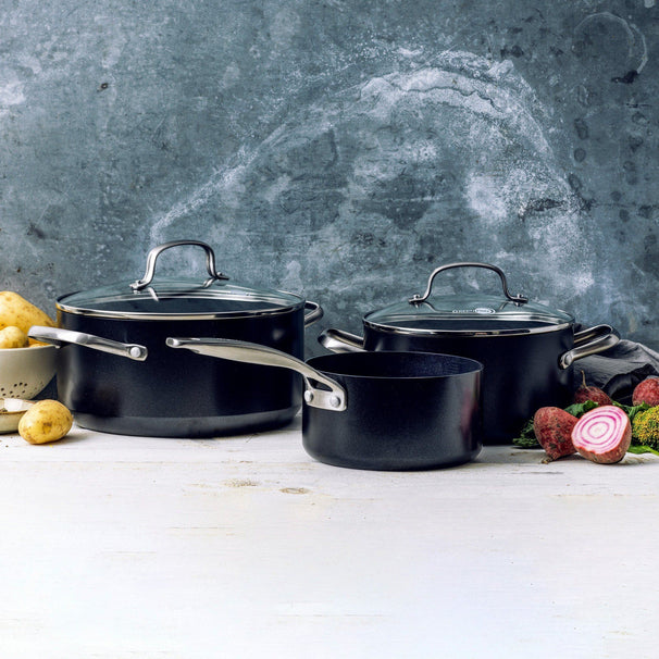 GreenPan Batería de cocina Copenhagen Negra 3 piezas - Cazo ø 16 cm, Ollas ø 18 & 20 cm - revestimiento antiadherente cerámico