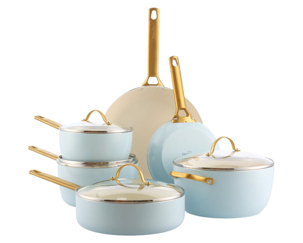 GreenPan Batería de cocina Padova Reserve Light Blue 6 piezas - Olla ø 24 cm, Cazo ø 18, 20 cm, Sartén ø 20, 28 cm & Salteadora ø 24 cm - revestimiento antiadherente cerámico