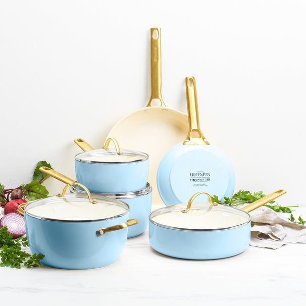 GreenPan Batería de cocina Padova Reserve Light Blue 6 piezas - Olla ø 24 cm, Cazo ø 18, 20 cm, Sartén ø 20, 28 cm & Salteadora ø 24 cm - revestimiento antiadherente cerámico