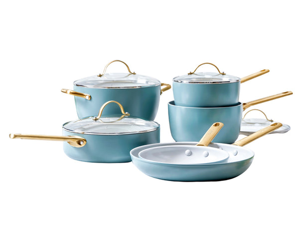 GreenPan Batería de cocina Padova Reserve Smokey Blue 6 piezas - Olla ø 24 cm, Cazo ø 18, 20 cm, Sartén ø 20, 28 cm & Salteadora ø 24 cm - revestimiento antiadherente cerámico