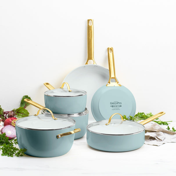 GreenPan Batería de cocina Padova Reserve Smokey Blue 6 piezas - Olla ø 24 cm, Cazo ø 18, 20 cm, Sartén ø 20, 28 cm & Salteadora ø 24 cm - revestimiento antiadherente cerámico