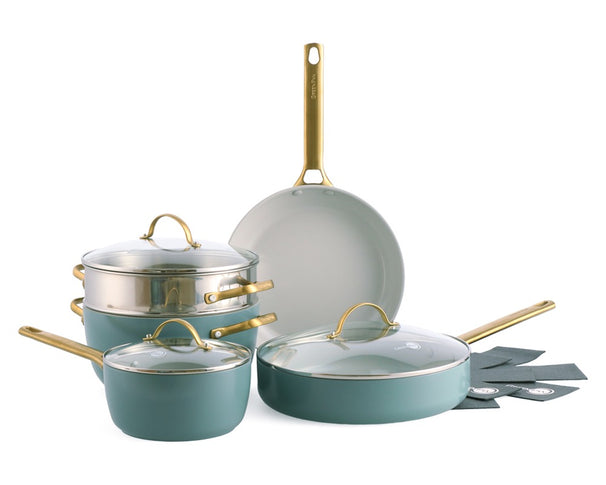 GreenPan Batería de cocina Padova Reserve Smokey Blue 7 piezas - Cazo ø 18 cm, Olla ø 24 cm, Sartén ø 26 cm, Salteadora ø 28 cm & Cesta vaporera - revestimiento antiadherente cerámico