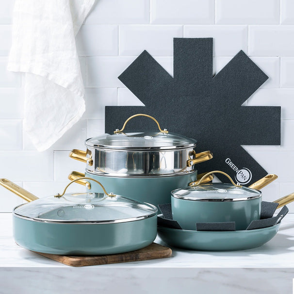GreenPan Batería de cocina Padova Reserve Smokey Blue 7 piezas - Cazo ø 18 cm, Olla ø 24 cm, Sartén ø 26 cm, Salteadora ø 28 cm & Cesta vaporera - revestimiento antiadherente cerámico