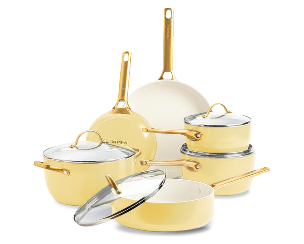 GreenPan Batería de cocina Padova Reserve Sunshine Yellow 6 piezas - Olla ø 24 cm, Cazo ø 18, 20 cm, Sartén ø 20, 28 cm & Salteadora ø 24 cm - revestimiento antiadherente cerámico