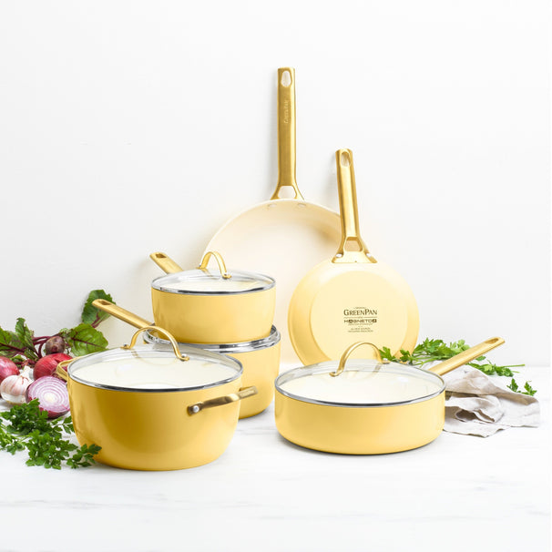 GreenPan Batería de cocina Padova Reserve Sunshine Yellow 6 piezas - Olla ø 24 cm, Cazo ø 18, 20 cm, Sartén ø 20, 28 cm & Salteadora ø 24 cm - revestimiento antiadherente cerámico